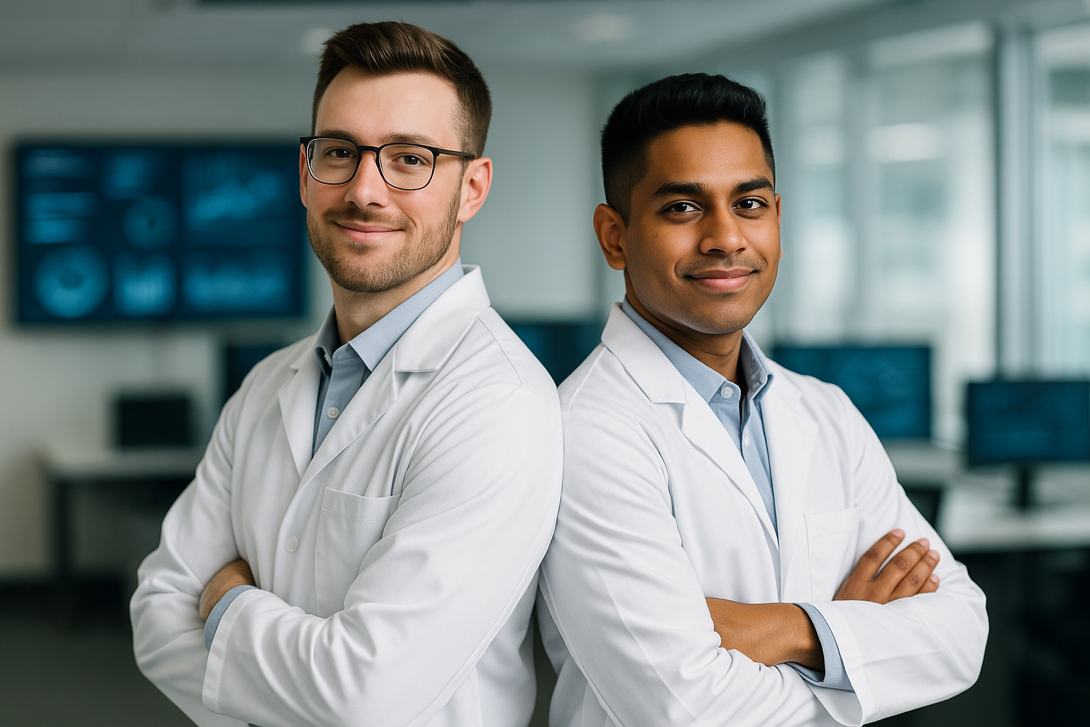 Tech experts in lab coats